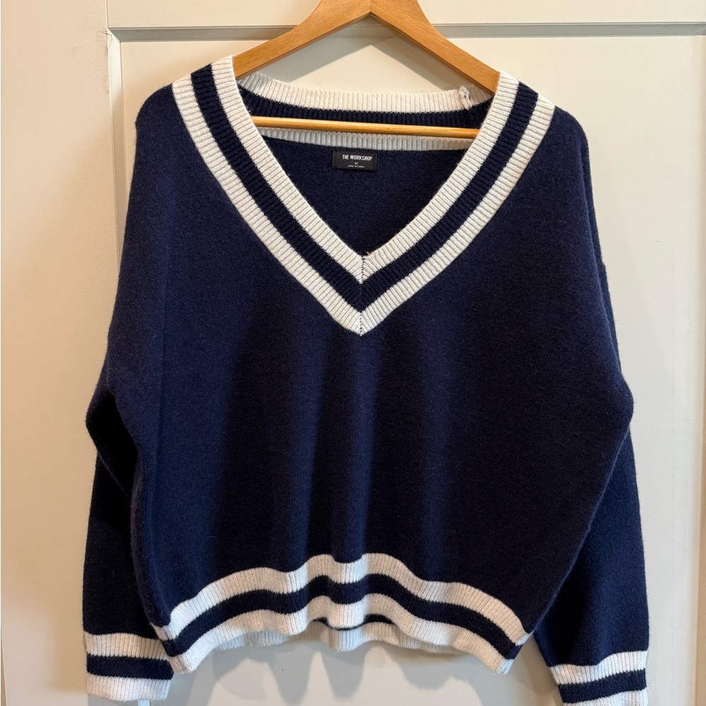 Navy and Cream V-Neck Sweater (size M)